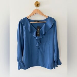 Allegra K Blue Ruffle V-Neck Blouse